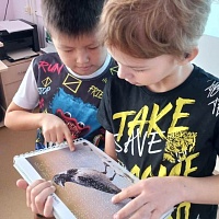 Два мальчика - учащихся школы-интерната исследуют многоформатное издание 